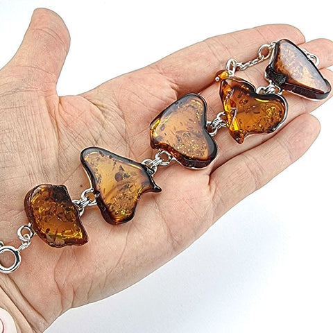 Cognac Amber Slab Bracelet Sterling Silver