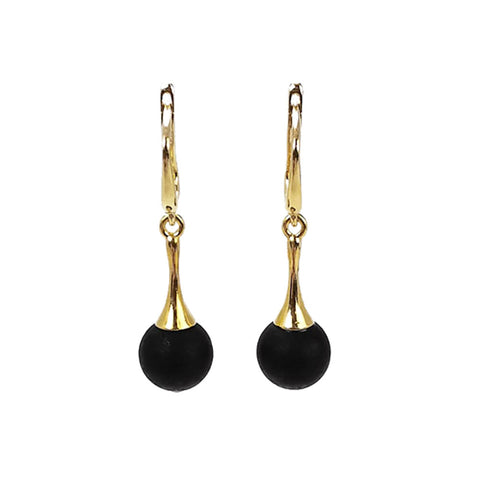 Black Amber Round Dangle Earrings 14K Gold Plated