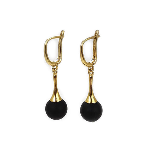 Black Amber Round Dangle Earrings 14K Gold Plated