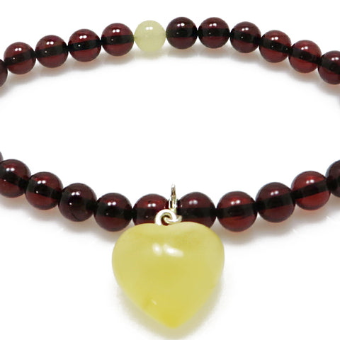 Cherry & Milky Amber Round Beads Bracelet with Heart Charm - Amber Alex Jewelry