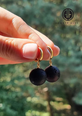 Black Amber Round Dangle Earrings 14k Gold Plated