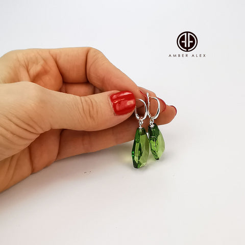 Green Amber Crystal Dangle Earrings Sterling Silver