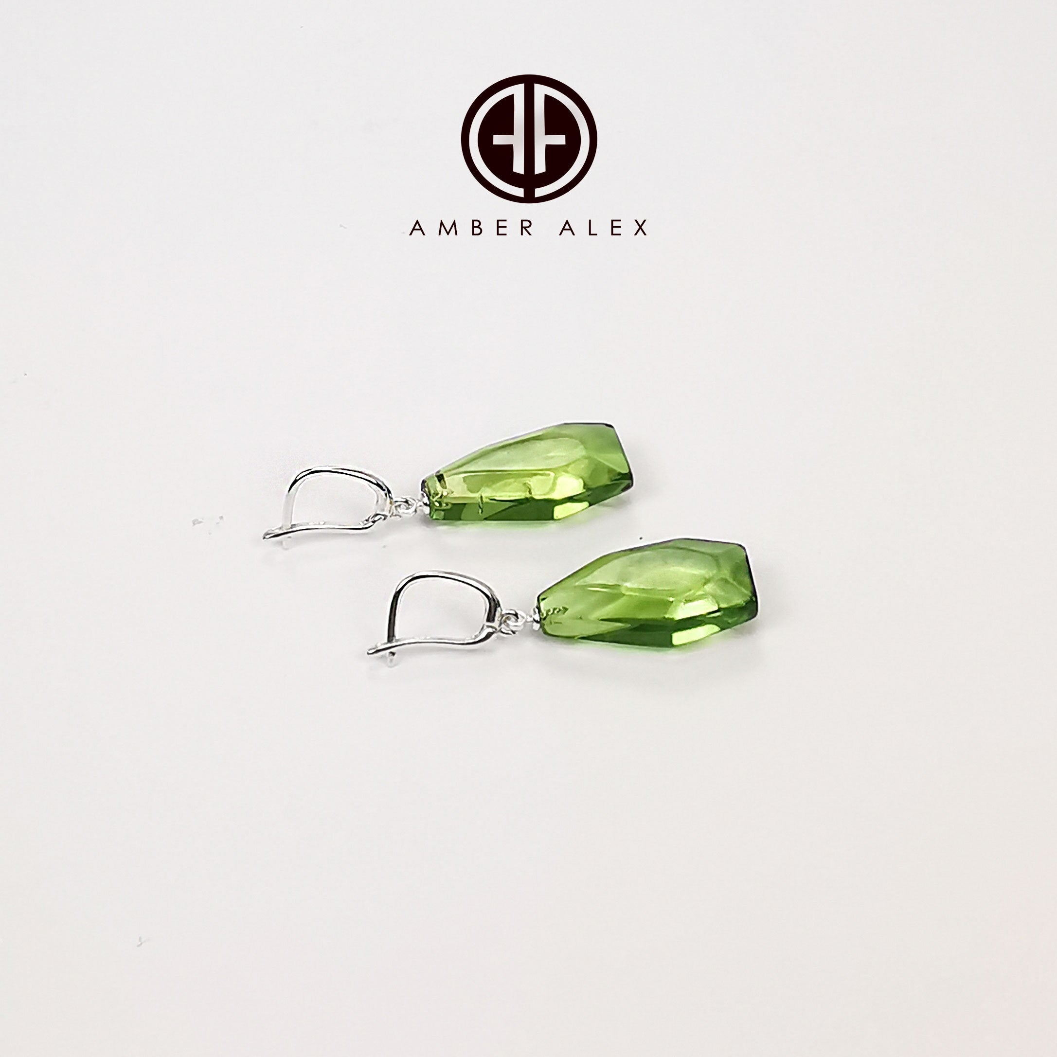 Green Amber Crystal Dangle Earrings Sterling Silver