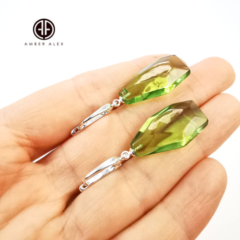 Green Amber Crystal Dangle Earrings Sterling Silver