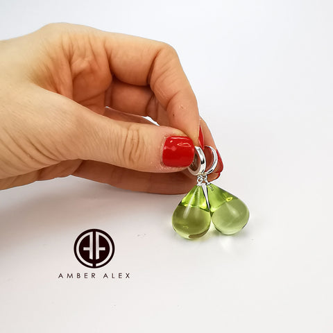 Green Amber Drop Dangle Earrings Sterling Silver