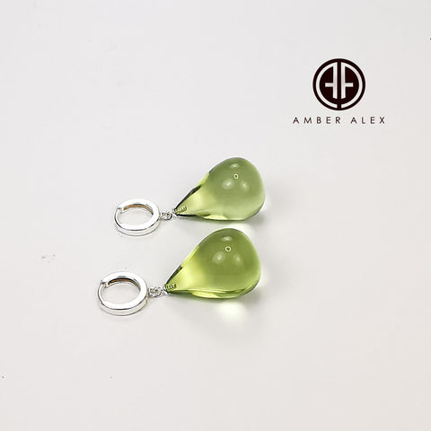 Green Amber Drop Dangle Earrings Sterling Silver