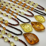 Cognac Amber Flame Pendant Beaded Necklace
