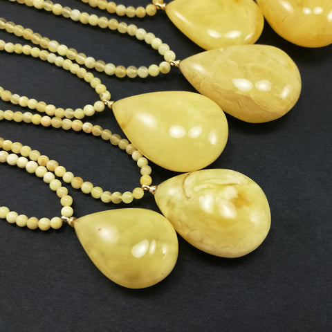 Milky Amber Pendant Beaded Necklace