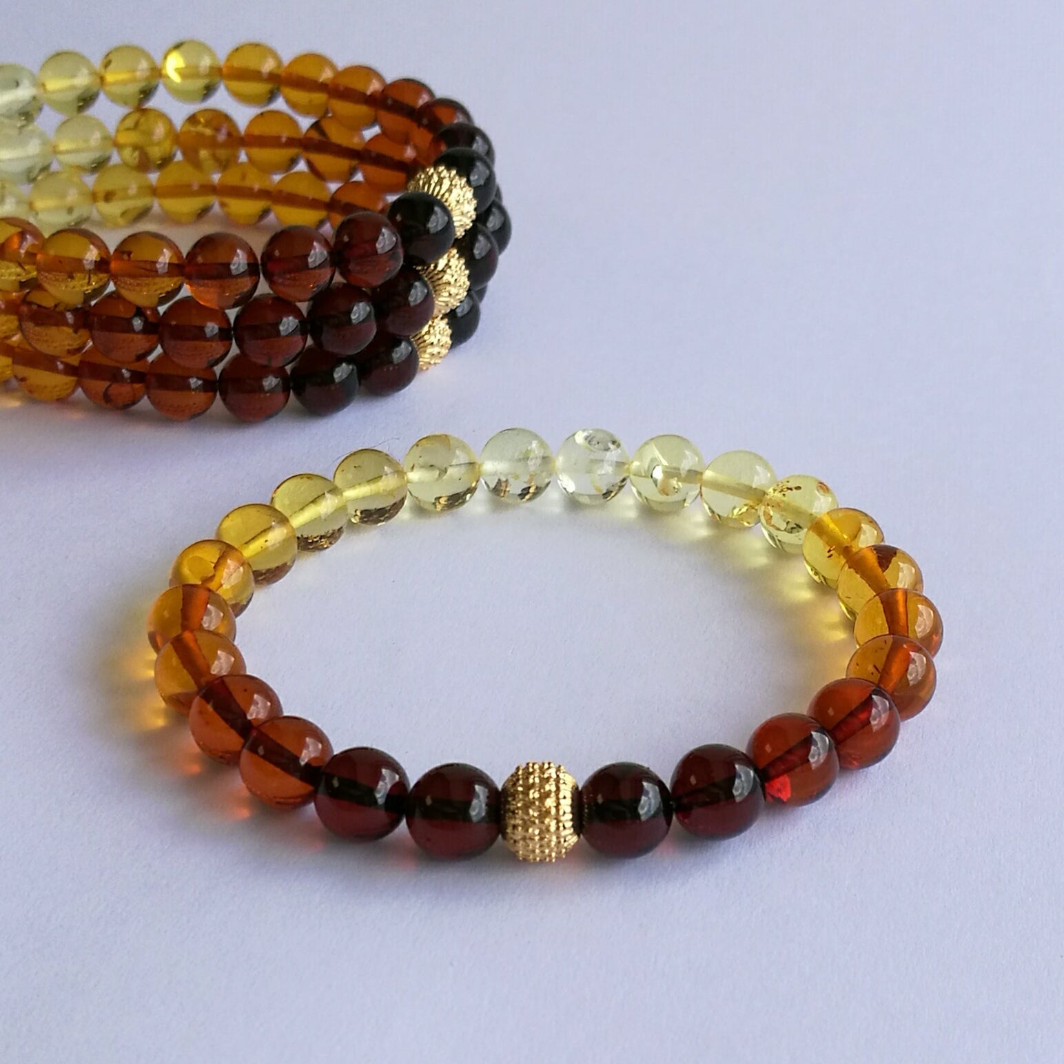 Rainbow Amber Round Beads Stretch Bracelet 14K Gold Plated