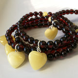 Cherry & Milky Amber Round Beads Bracelet with Heart Charm