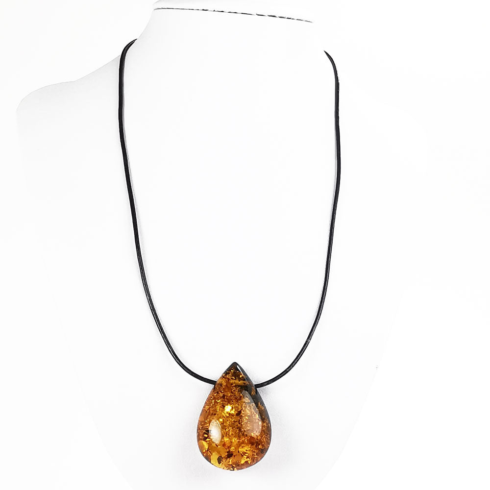 Cognac Amber Drop Pendant & Leather Necklace