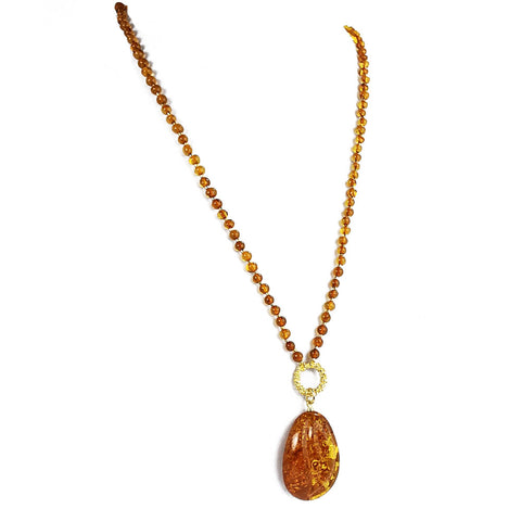 Cognac Amber Free Shape Pendant Beaded Necklace