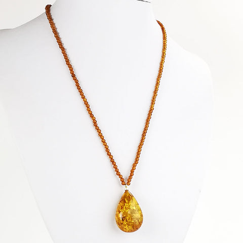 Cognac Amber Drop Pendant Beaded Necklace