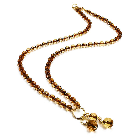 SPARKLING ELEGANCE Two - Toned Amber Faceted Round Beads Necklace 14K Gold Plated