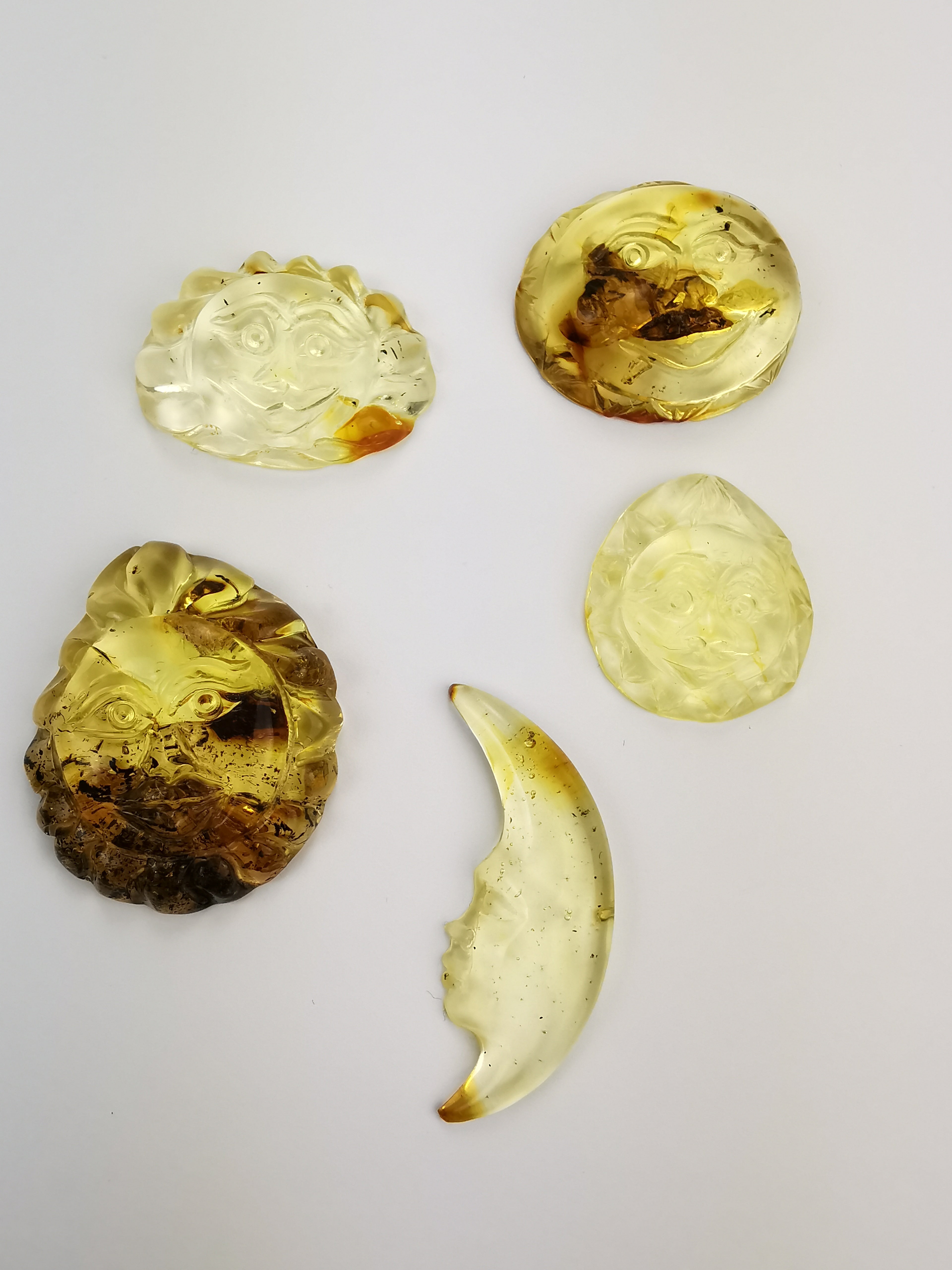 Fossil Amber Carved Moon and Sun Cabochons
