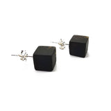 Black Amber Cube Bead Stud Earrings Sterling Silver