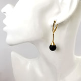 Black Amber Round Dangle Earrings 14K Gold Plated