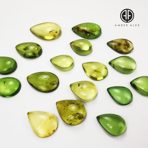 Green Amber Handmade Drop Shape Cabochons