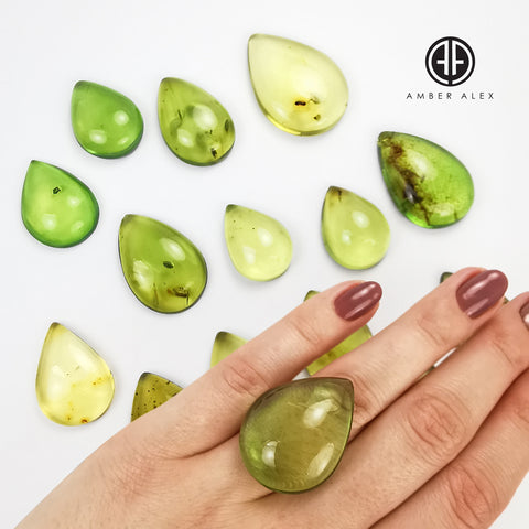 Green Amber Handmade Drop Shape Cabochons