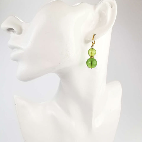 Green Amber Round Dangle Earrings 14K Gold Plated