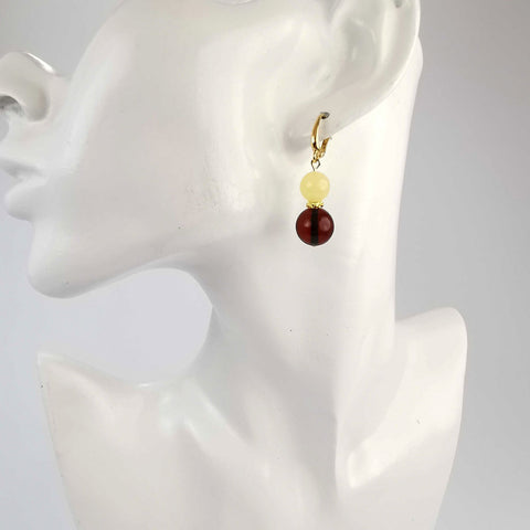 Milky and Cherry Amber Round Dangle Earrings 14K Gold Plated