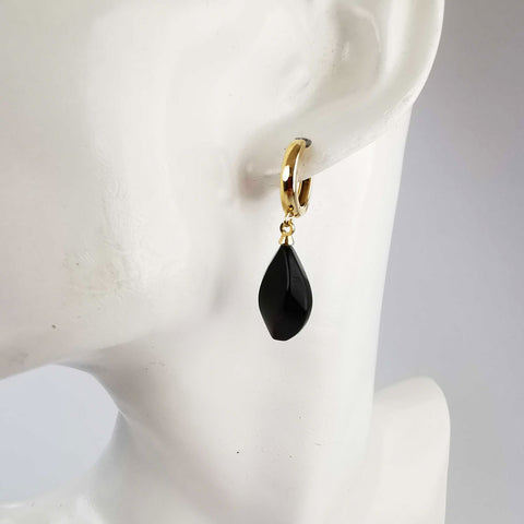 Black Amber Flame Dangle Earrings 14K Gold Plated