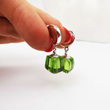 Green Amber Cube Dangle Earrings Sterling Silver