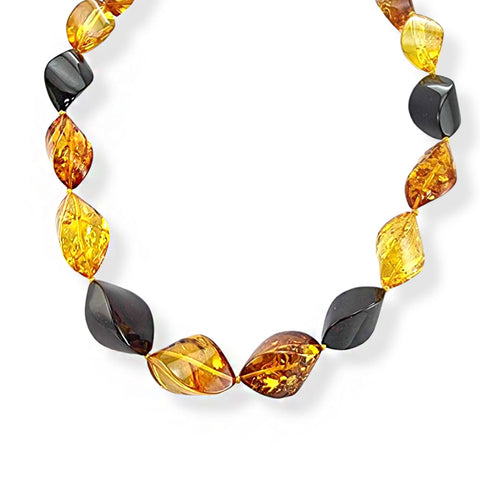 Multi-Color Amber Twisted Olive Beads Necklace 14k Gold Plated
