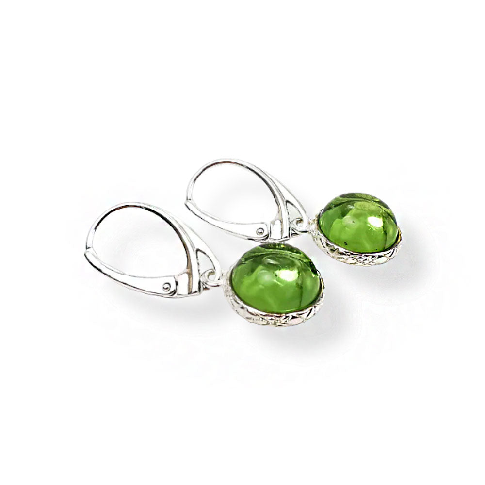 Green Amber Round Dangle Earrings Sterling Silver