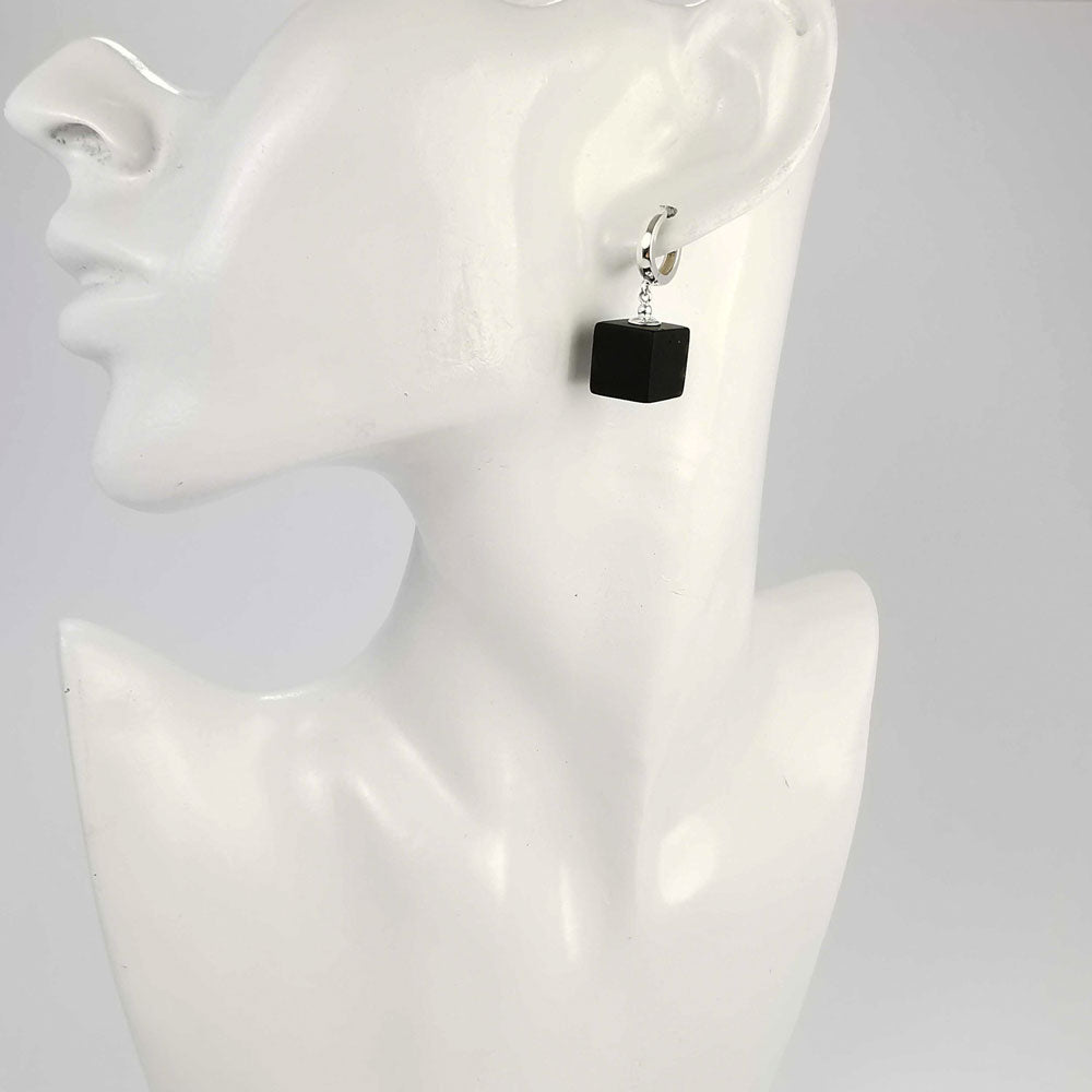 Black Amber Cube Dangle Earrings Sterling Silver