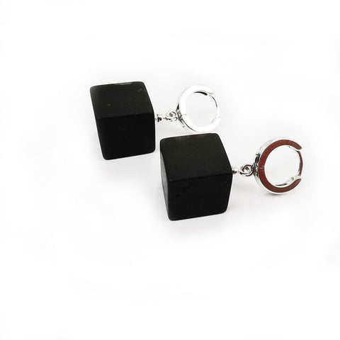 Black Amber Cube Dangle Earrings Sterling Silver