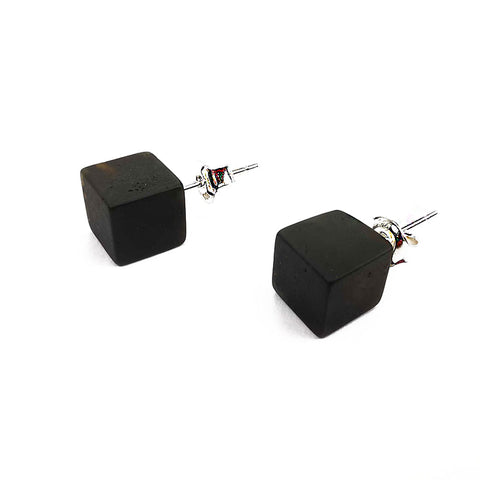 Black Amber Cube Bead Stud Earrings Sterling Silver