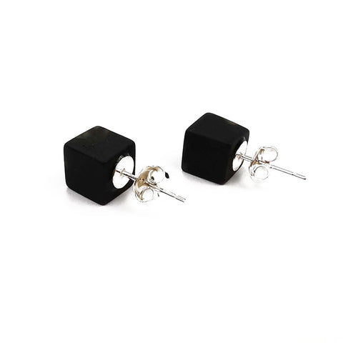 Black Amber Cube Bead Stud Earrings Sterling Silver