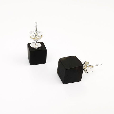 Black Amber Cube Bead Stud Earrings Sterling Silver