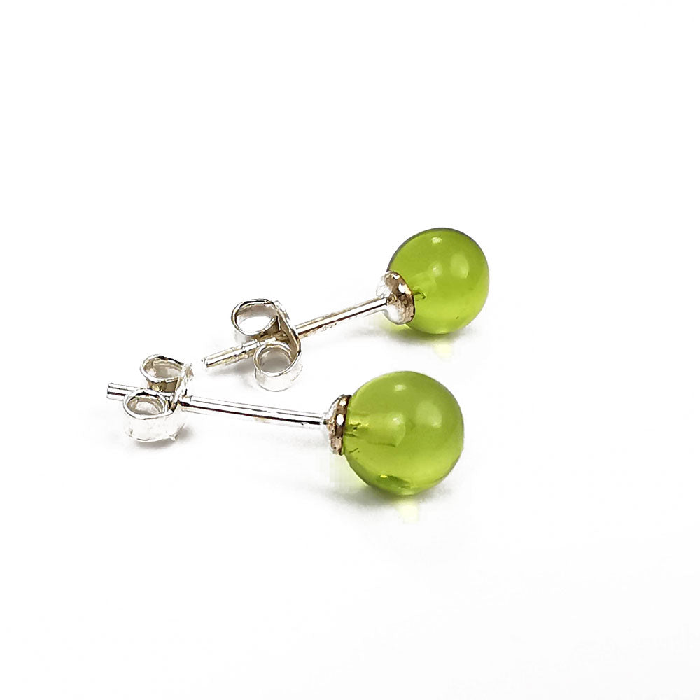 Green Amber Round Bead Stud Earrings Sterling Silver