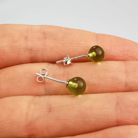 Green Amber Round Bead Stud Earrings Sterling Silver