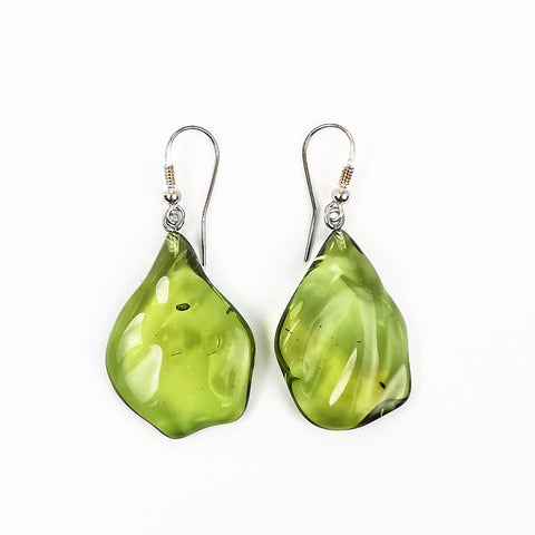 Green Amber Wave Dangle Earrings Sterling Silver