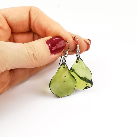 Green Amber Wave Dangle Earrings Sterling Silver