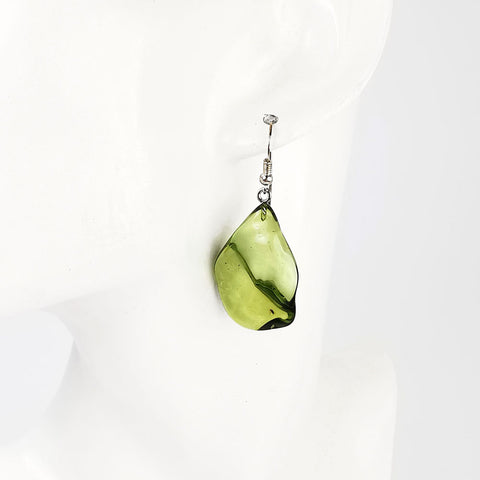 Green Amber Wave Dangle Earrings Sterling Silver