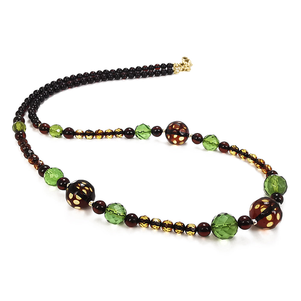 Multi-Color Amber Faceted Round Beads Necklace 14k Gold Plated