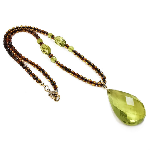 Green Amber Faceted Drop Pendant Beaded Necklace