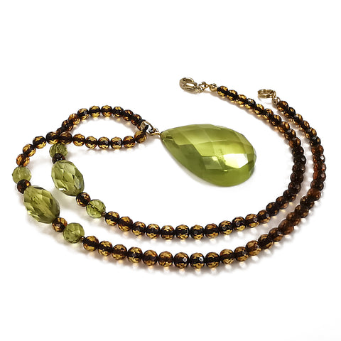 Green Amber Faceted Drop Pendant Beaded Necklace