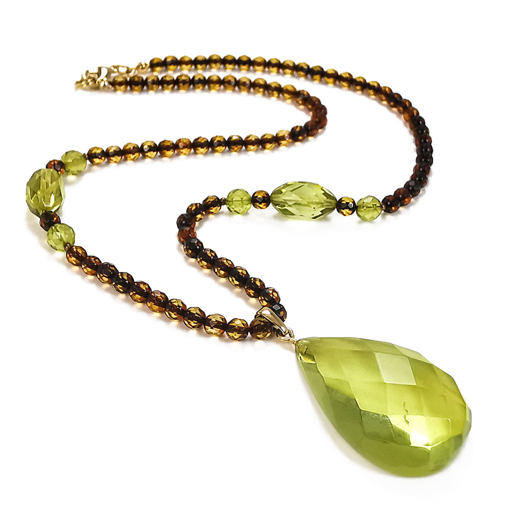 Green Amber Faceted Drop Pendant Beaded Necklace