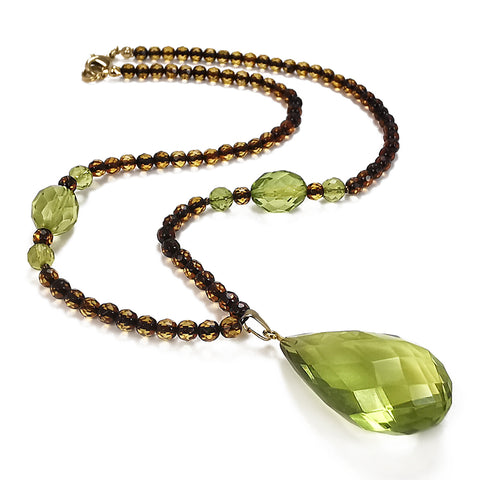 Green Amber Faceted Drop Pendant Beaded Necklace