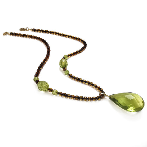 Green Amber Faceted Drop Pendant Beaded Necklace