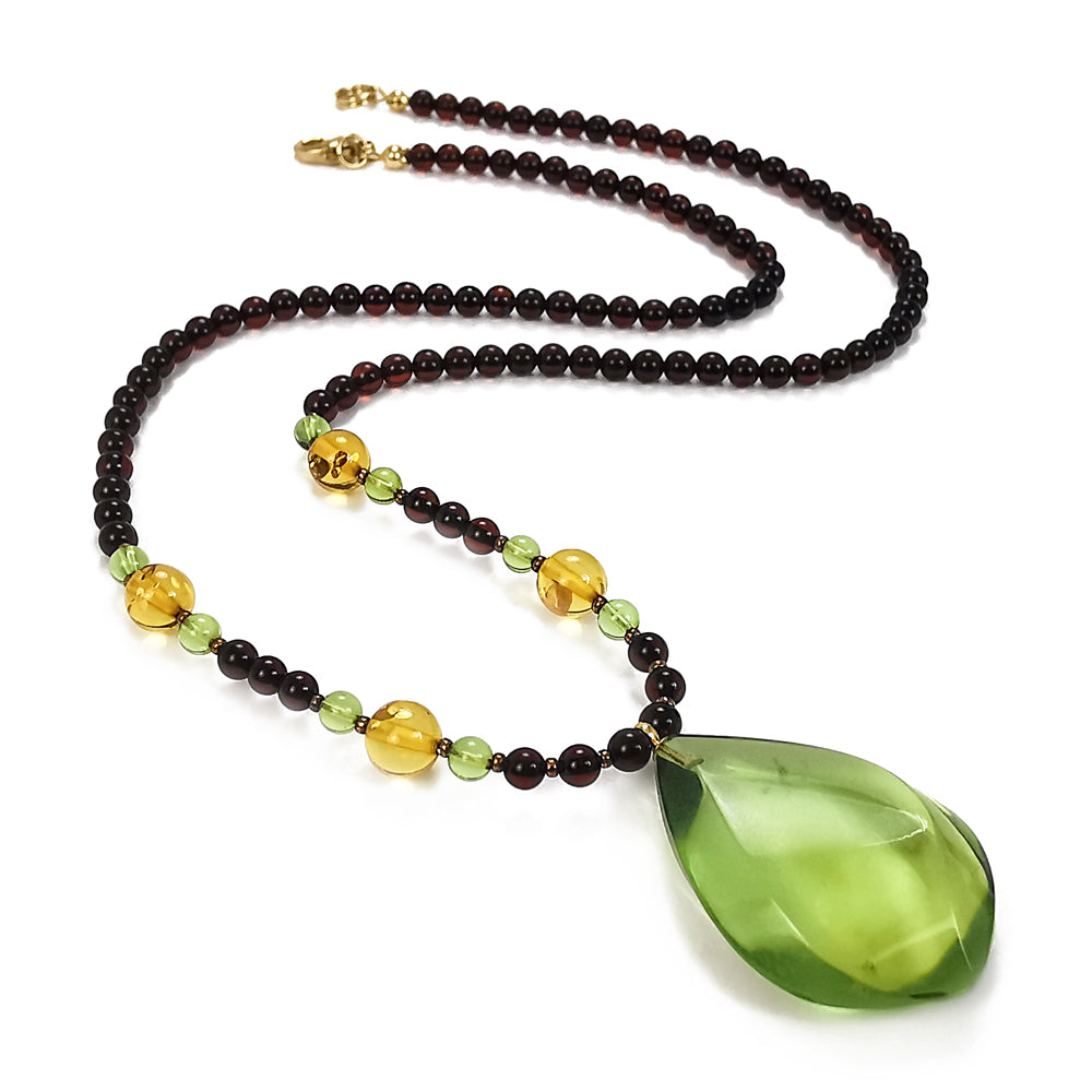 Green Amber Flame Pendant Beaded Necklace