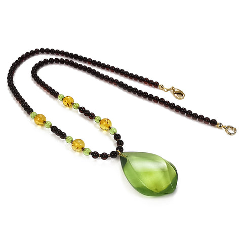 Green Amber Flame Pendant Beaded Necklace