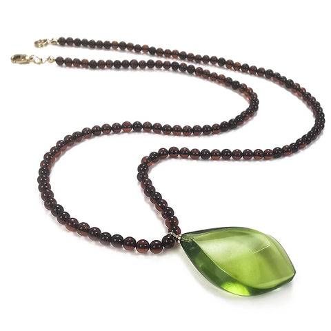 Green Amber Flame Pendant Beaded Necklace