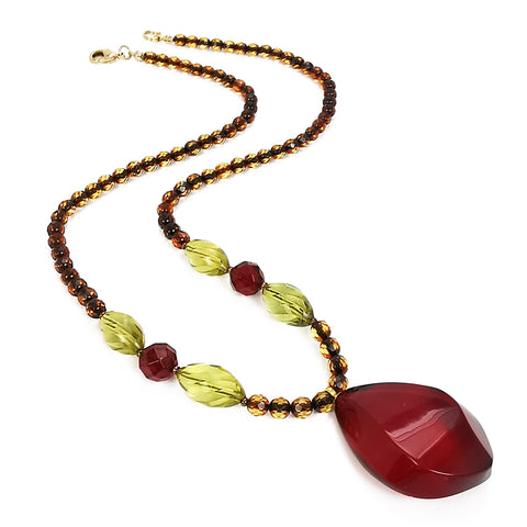 Red Amber Flame Pendant Beaded Necklace