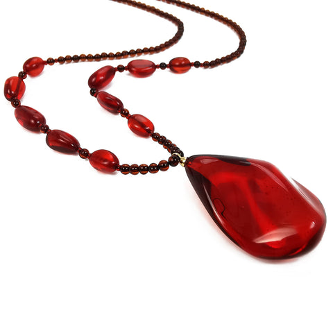 Red Amber Wave Pendant Beaded Necklace